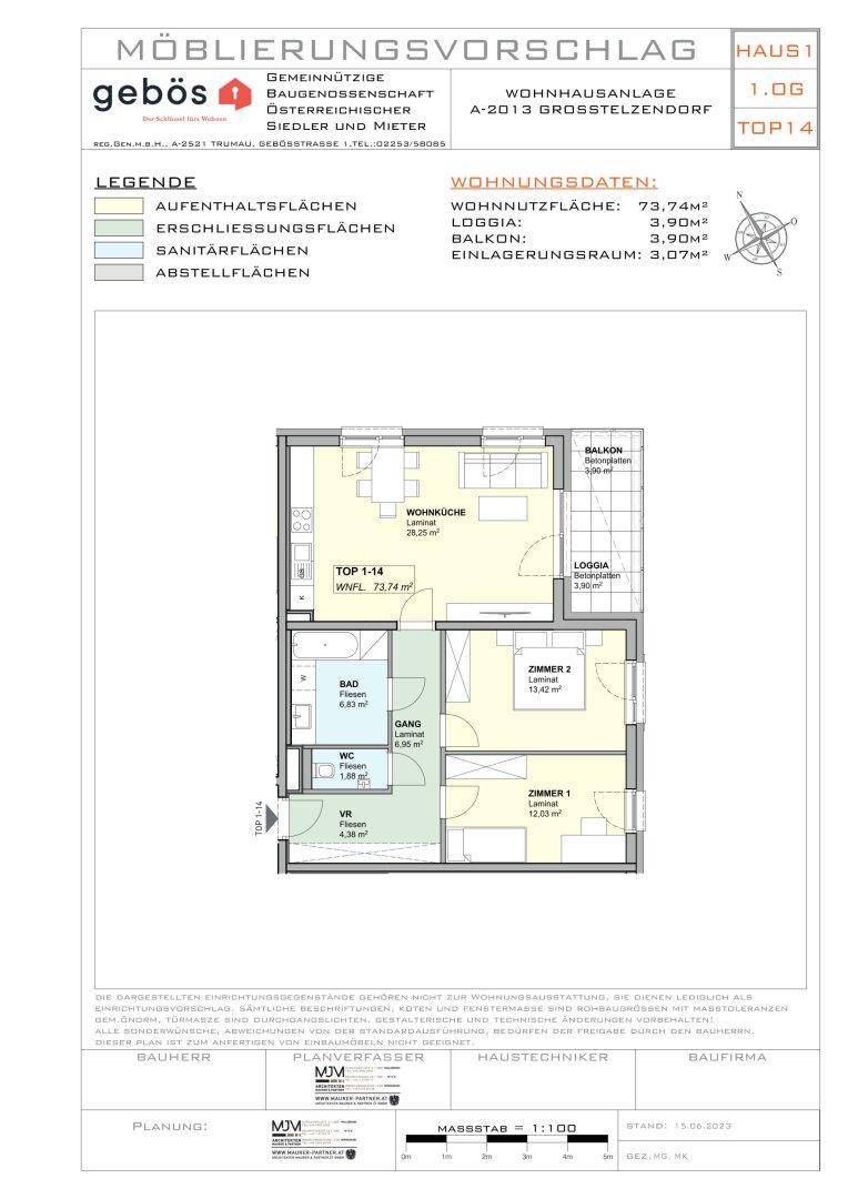 Detaillierter Grundriss mit Raumaufteilung, Balkon und Loggia für eine 73,74m² Wohnung.