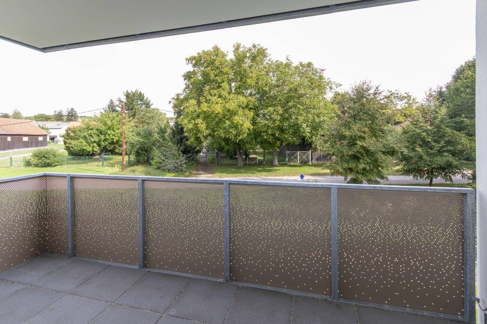 Geräumiger Balkon mit moderner Brüstung und weitem Blick auf Bäume und die Umgebung.