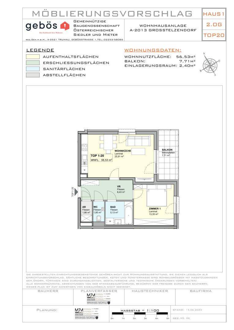 Detaillierter Möblierungsvorschlag für eine 56,53 m² große Wohnung mit Balkon.