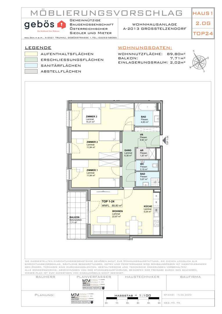 Detaillierter Grundriss einer 89,80m² Wohnung mit drei Zimmern und Balkon.