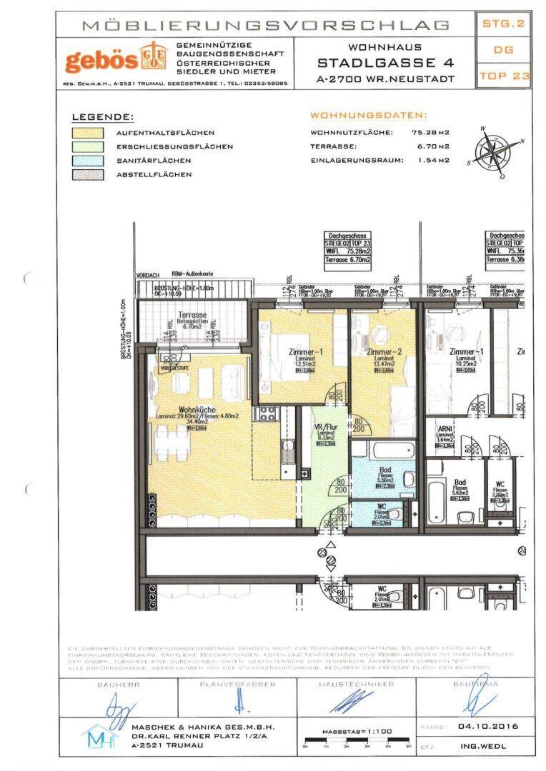 Möblierungsvorschlag für eine Dachgeschosswohnung mit Wohnküche und Terrasse.