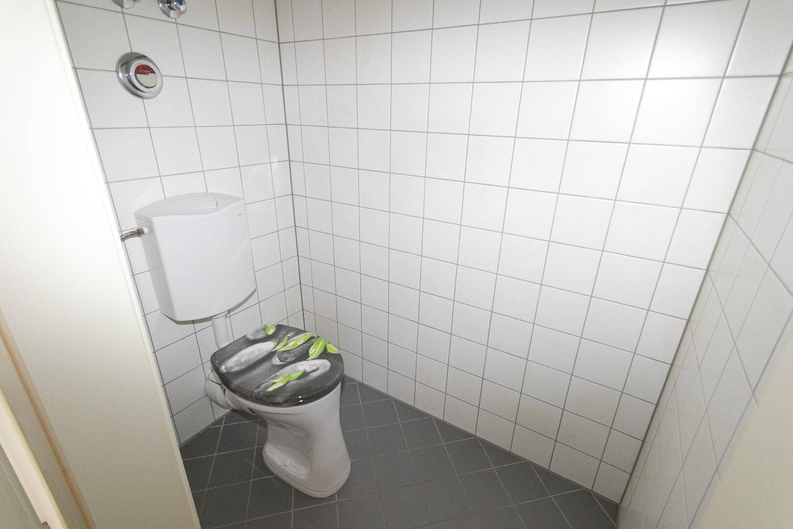 Kleines WC mit gefliesten Wänden und Boden, ausgestattet mit einer Toilette.