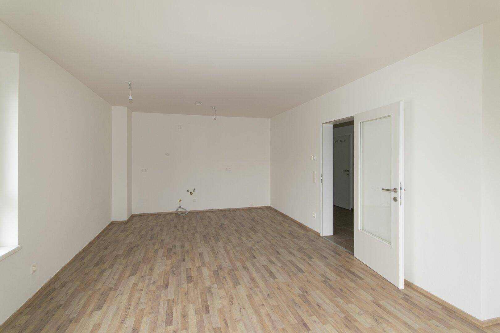 Geräumiger Wohnbereich mit Laminatboden und weiß gestrichenen Wänden, ideal für offene Konzepte.