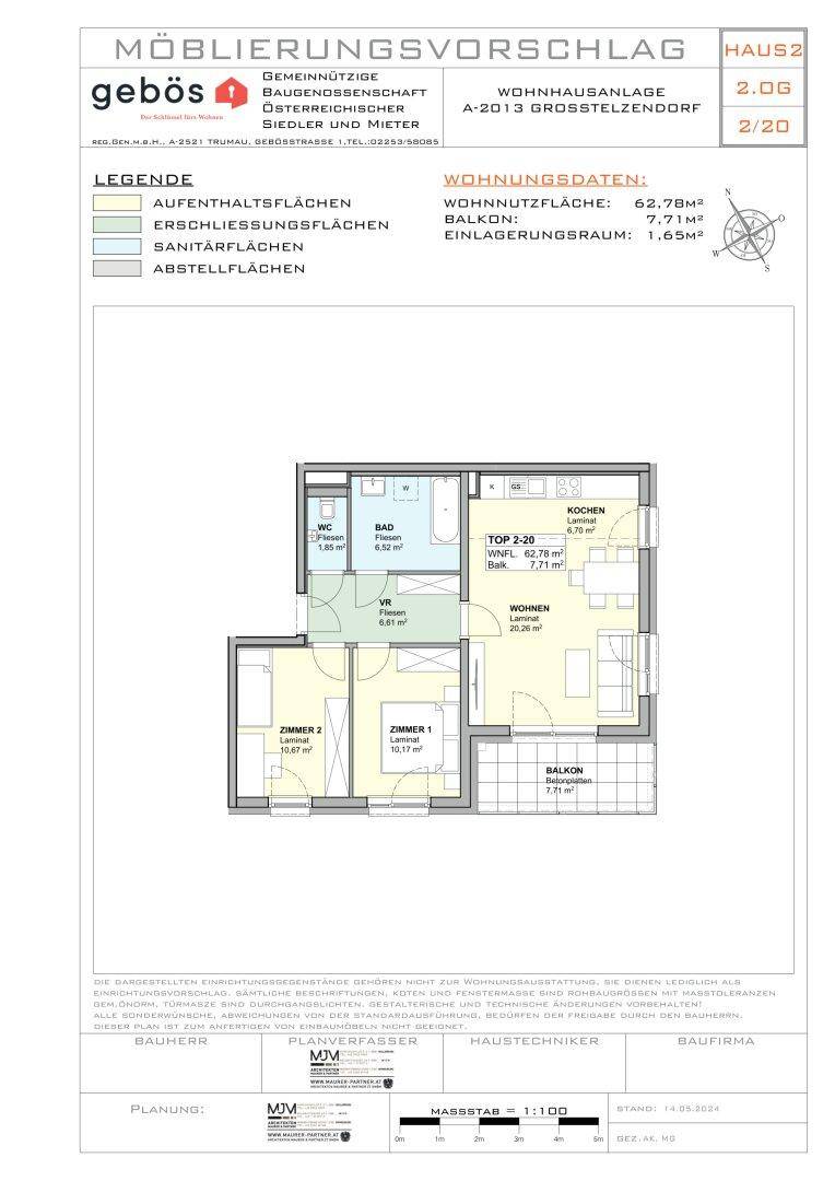 Grundriss einer Wohnung mit drei Zimmern, Balkon und separatem WC, 63,78 m² Wohnfläche.