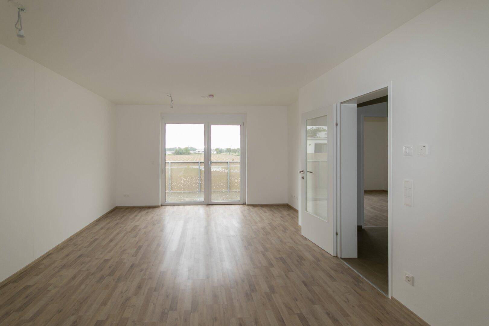 Leeres Wohnzimmer mit Laminatboden und großen Fenstern, die Zugang zu einem Balkon bieten.