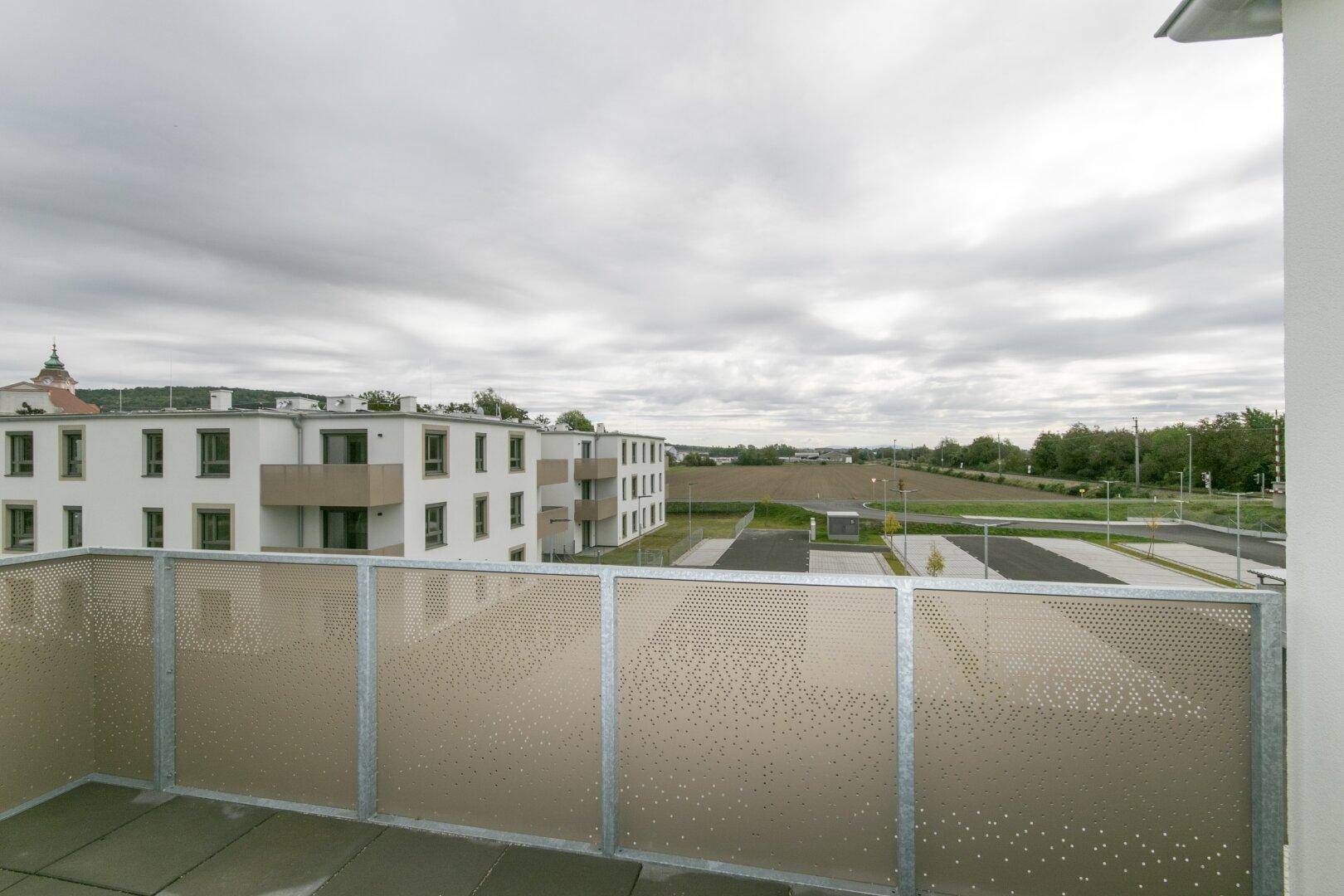 Balkon mit Blick auf weite Felder und den Parkplatz der Wohnanlage unter bewölktem Himmel.