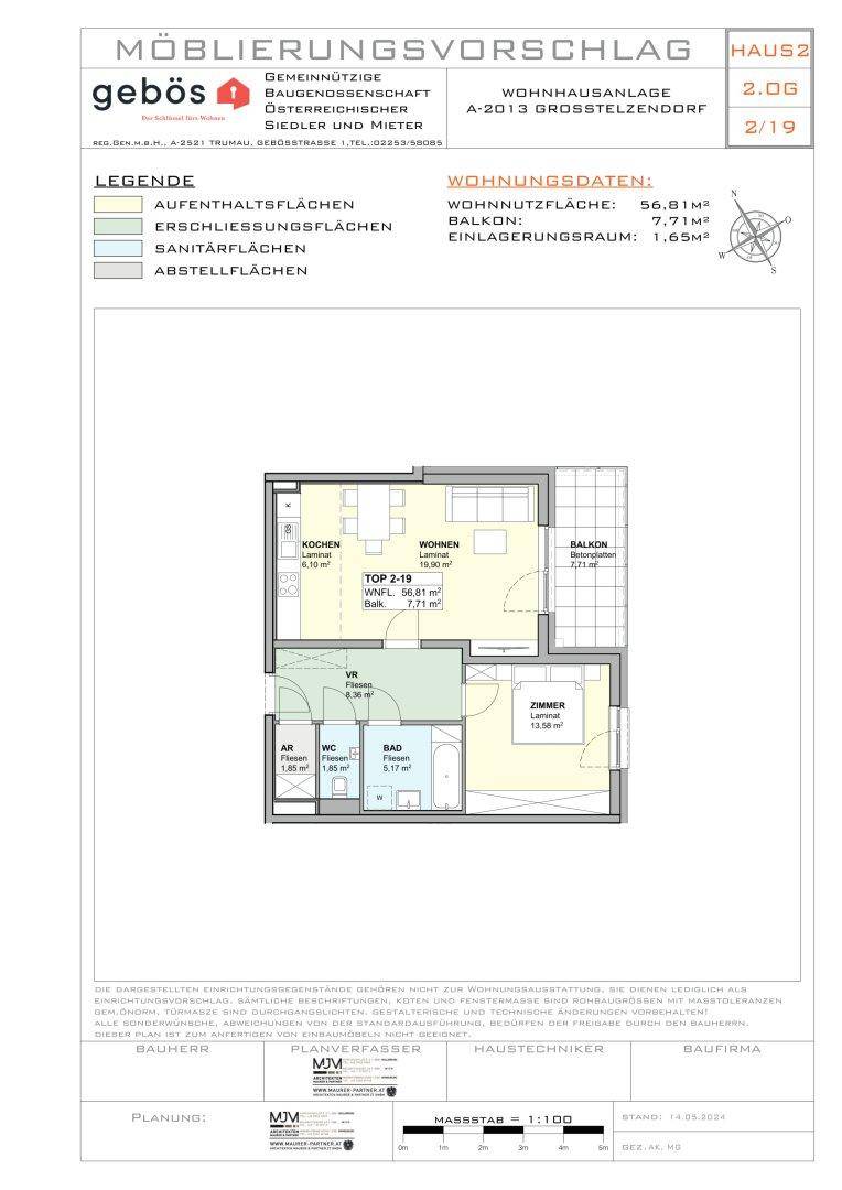 Grundrissvorschlag für eine Wohnung mit Balkon, zwei Schlafzimmern und offenem Wohnbereich.