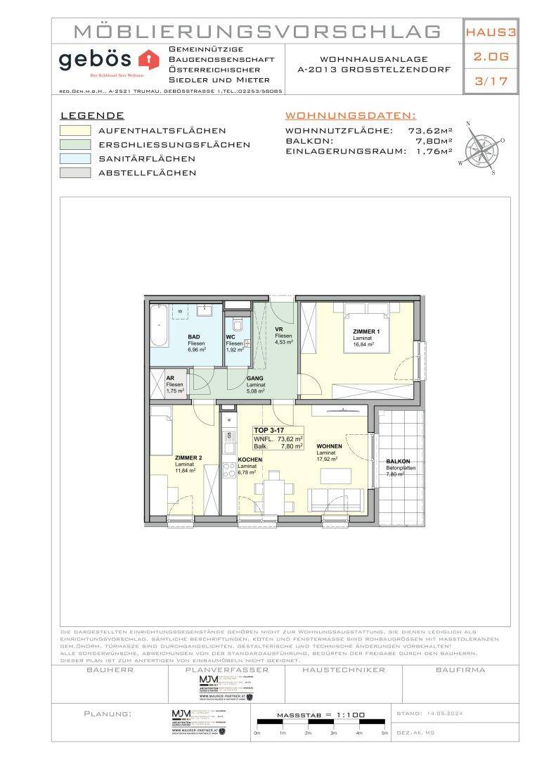Detaillierter Grundriss einer Wohnung mit zwei Schlafzimmern und offenem Wohnbereich.