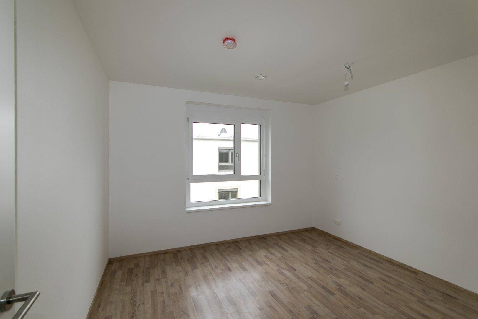 Unmöbliertes Schlafzimmer mit Laminatboden und einem Fenster, das viel Tageslicht hereinlässt.