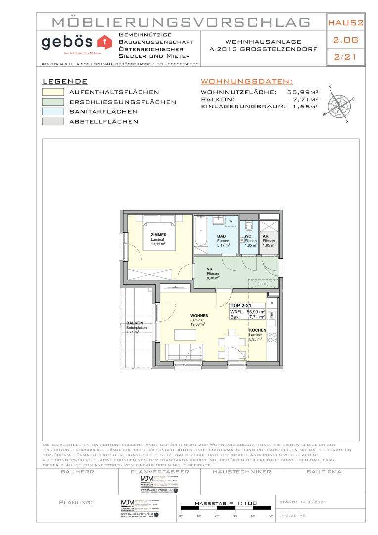 Detaillierter Grundriss einer Wohnung mit Wohn-, Koch-, Schlafzimmer, Bad, WC und Balkon.