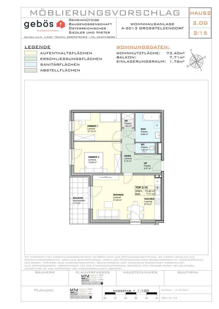 Detaillierter Grundriss einer 73,40m² Wohnung mit Balkon und drei Zimmern.