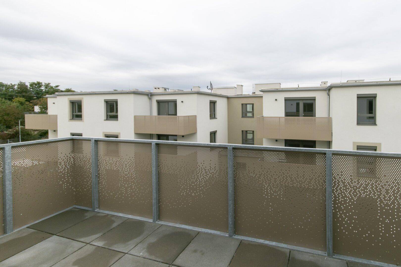 Balkon mit moderner perforierter Brüstung und Aussicht auf die umliegenden Neubauten.