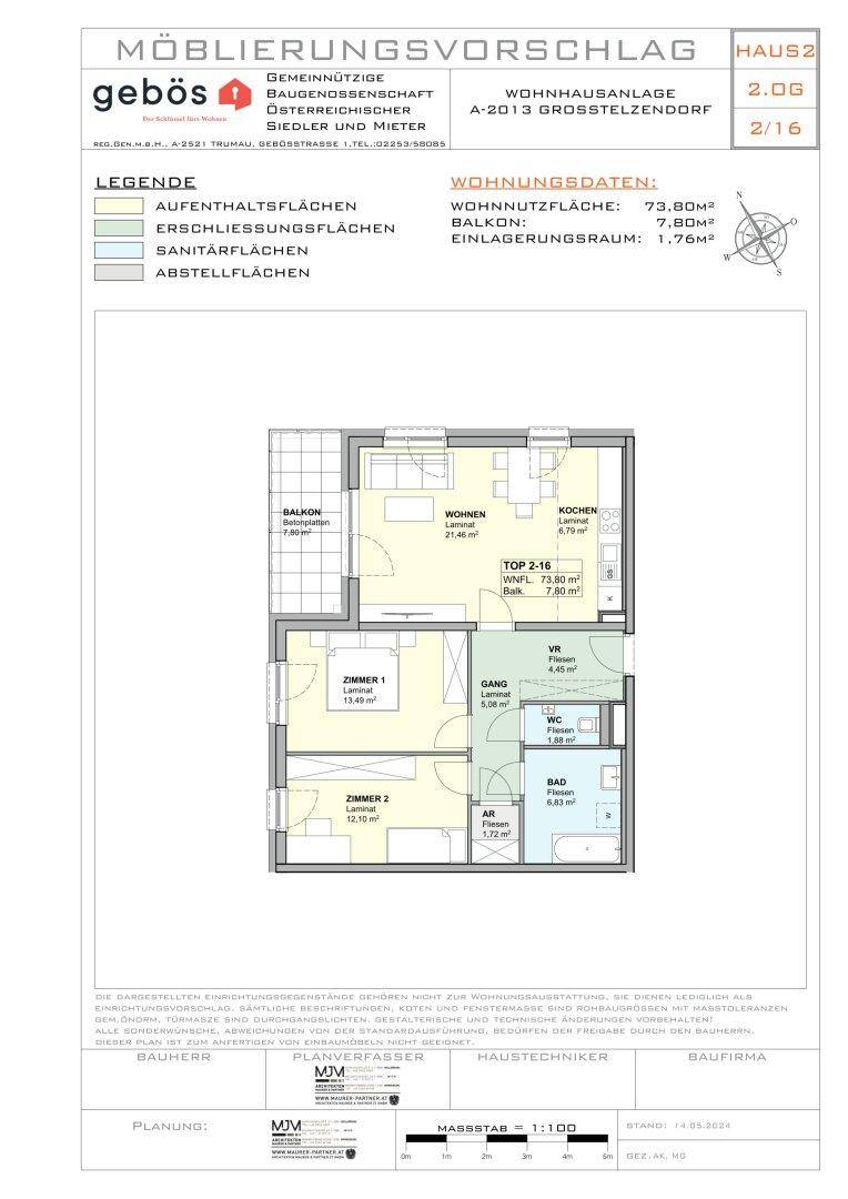 Detaillierter Grundriss einer 73,80 m² Wohnung mit zwei Zimmern, Bad, WC und Balkon.