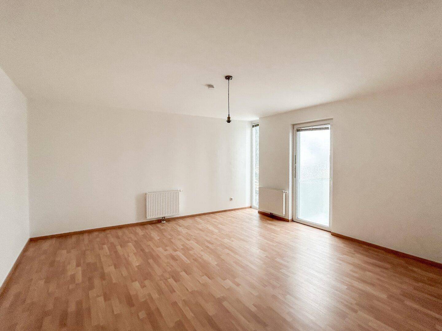 Heller Wohnraum mit Laminatboden, weißen Wänden und Zugang zu einem Außenbereich.