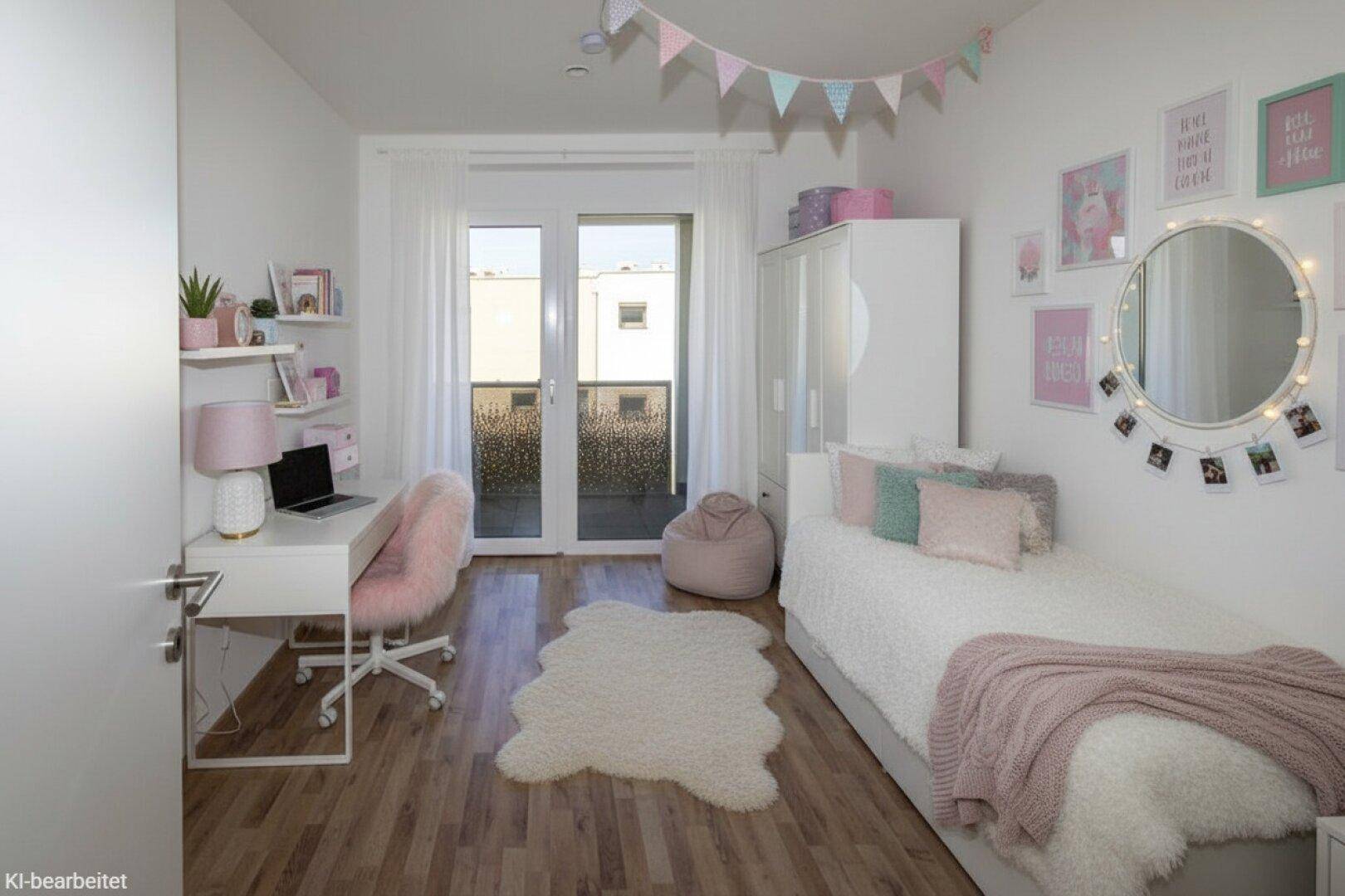 Helles Mädchenzimmer mit Holzboden, Schreibtisch und Zugang zu einem französischen Balkon.