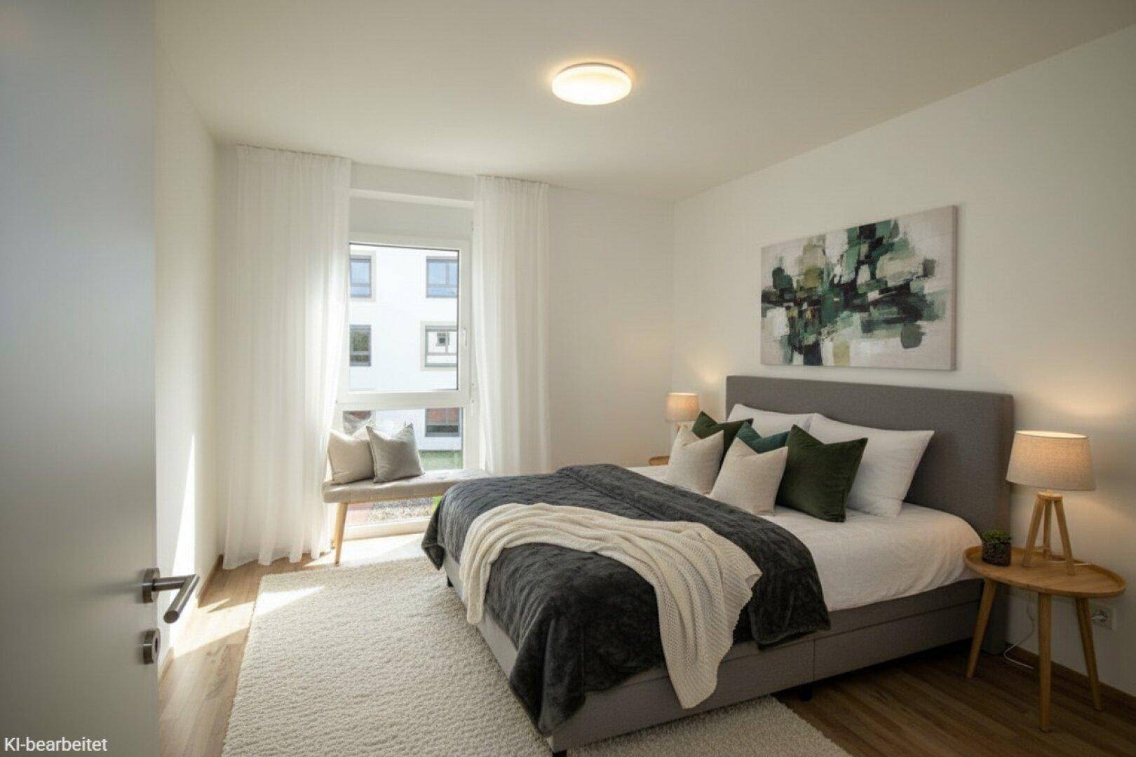 Helles Schlafzimmer mit Holzboden, großem Bett und einem Fenster mit Blick nach draußen.