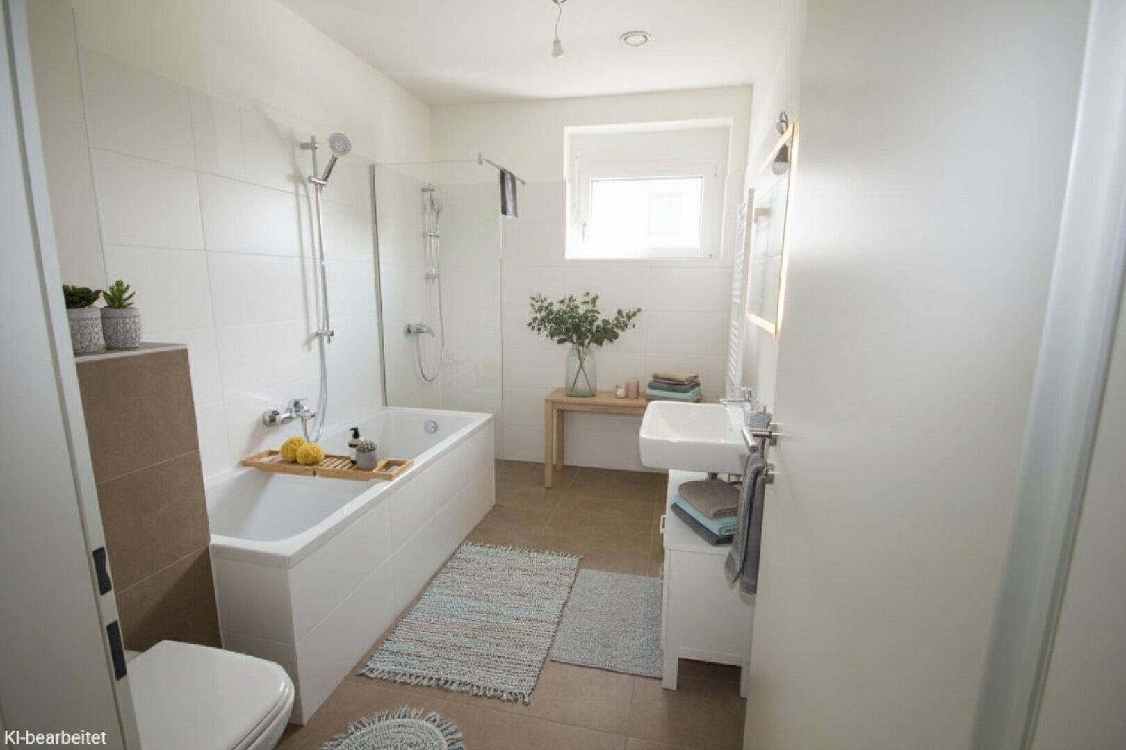 Modernes Badezimmer mit Badewanne, Dusche, Waschbecken und Fenster für Tageslicht.