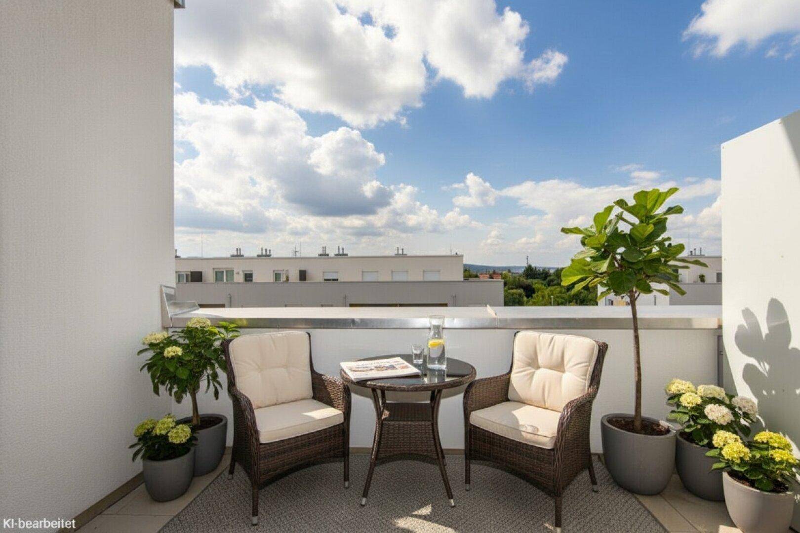 Gemütlicher Balkon mit Sitzgelegenheiten, Pflanzen und Weitblick über die Umgebung.