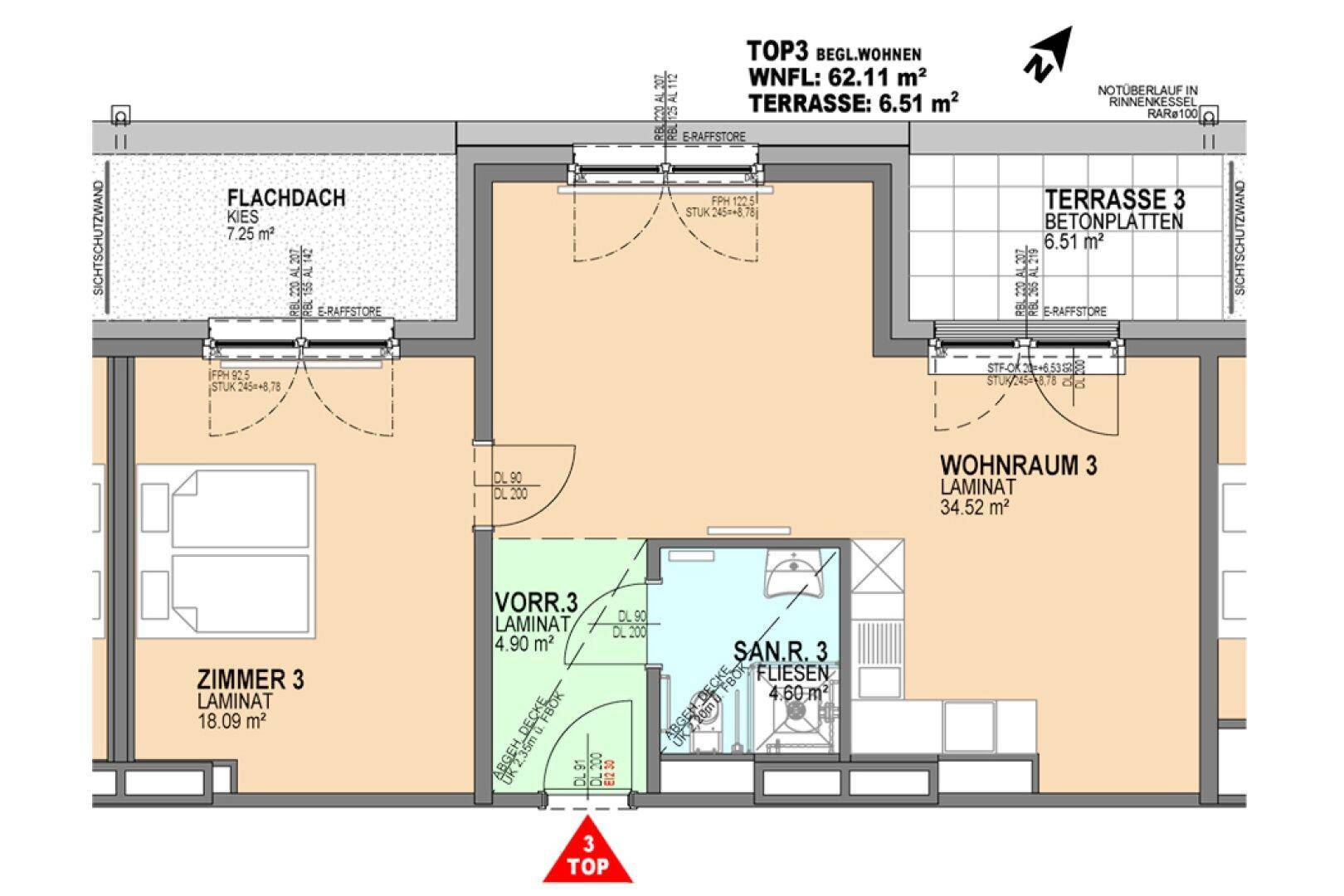 Grundrissplan einer Wohnung mit Wohnraum, Schlafzimmer, Bad und Terrasse.