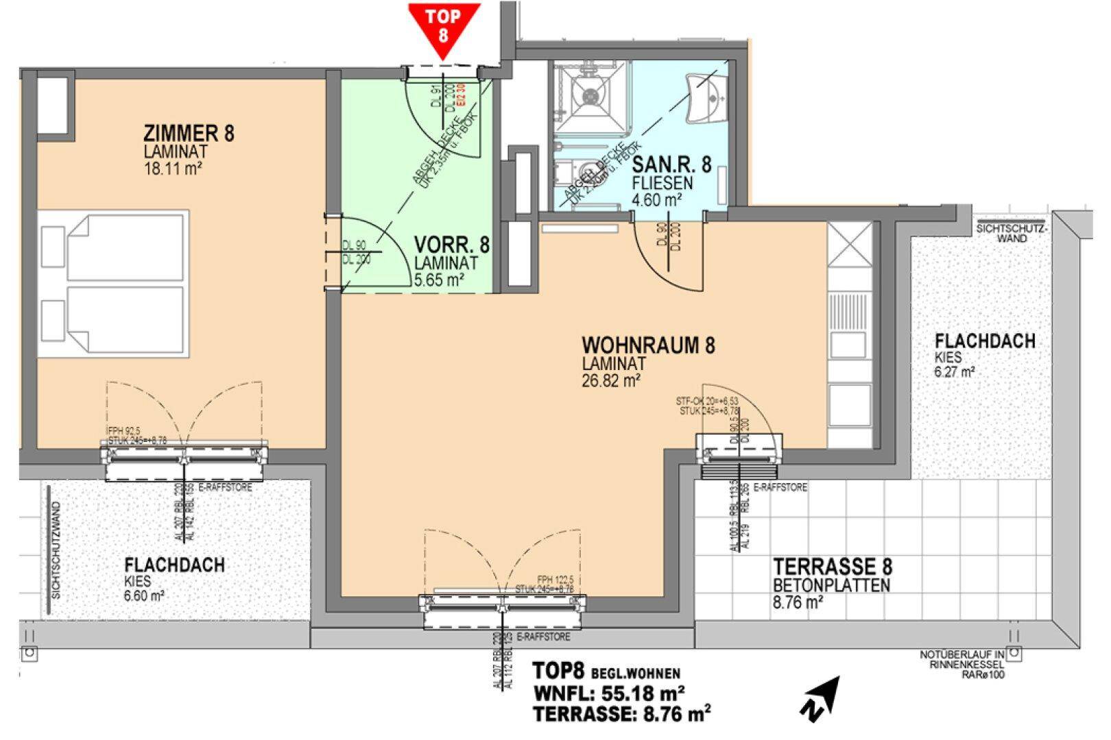 Grundriss der Wohnung Top 8 mit Wohnraum, Zimmer, Bad und Terrasse.