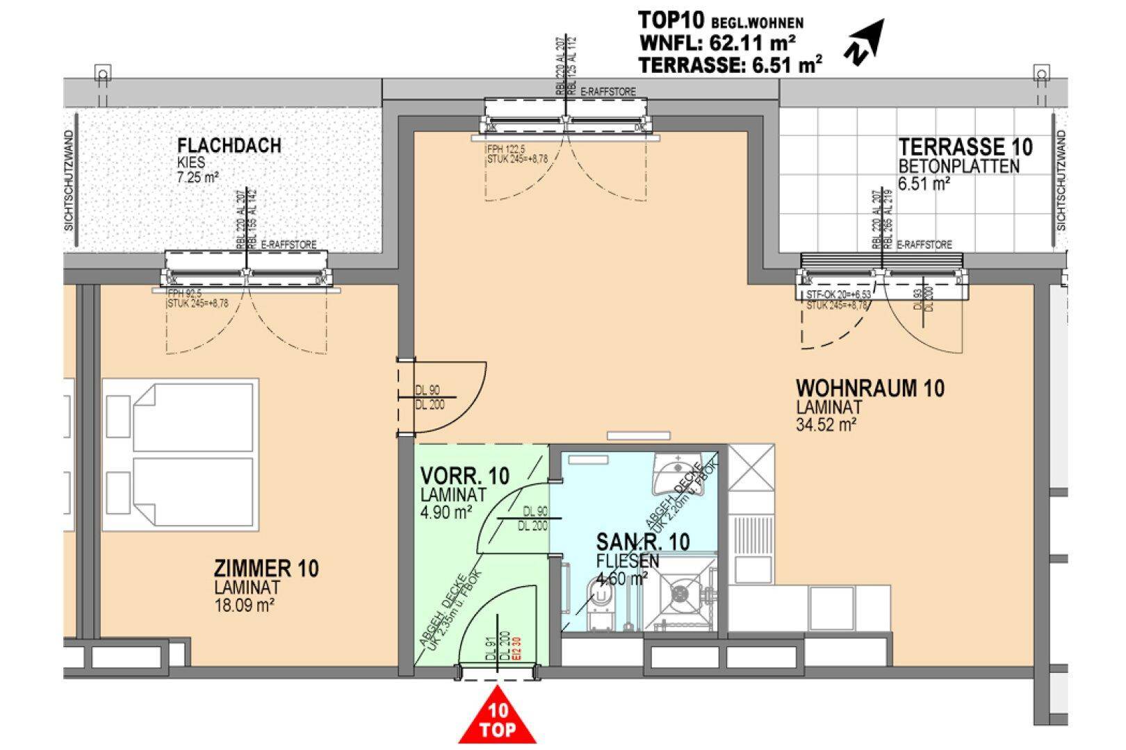 Grundriss der Wohnung TOP10 mit 62.11 m² Wohnfläche und 6.51 m² Terrasse.