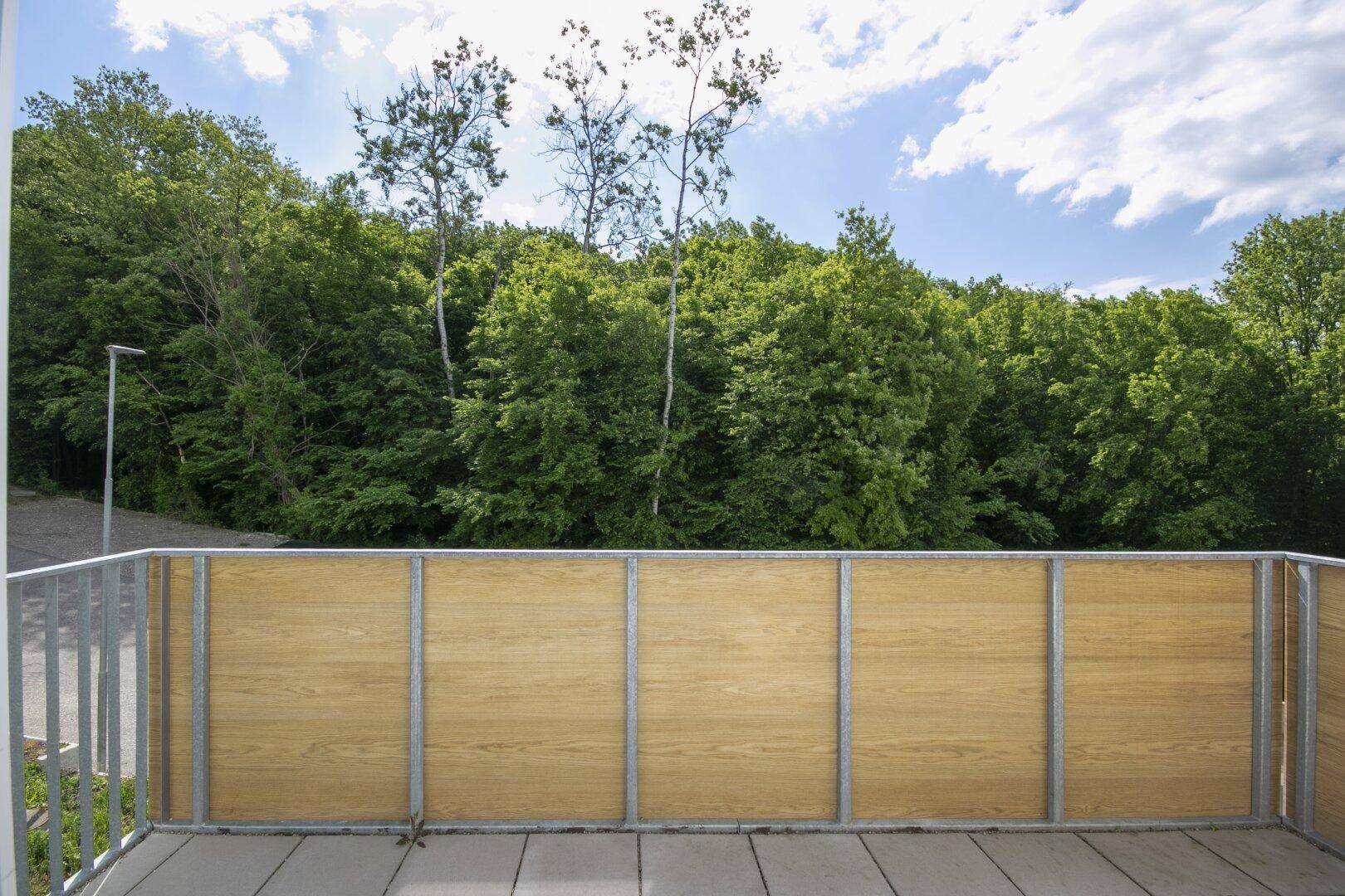 Balkon mit Holzsichtschutz und Blick auf den angrenzenden Wald und Himmel.