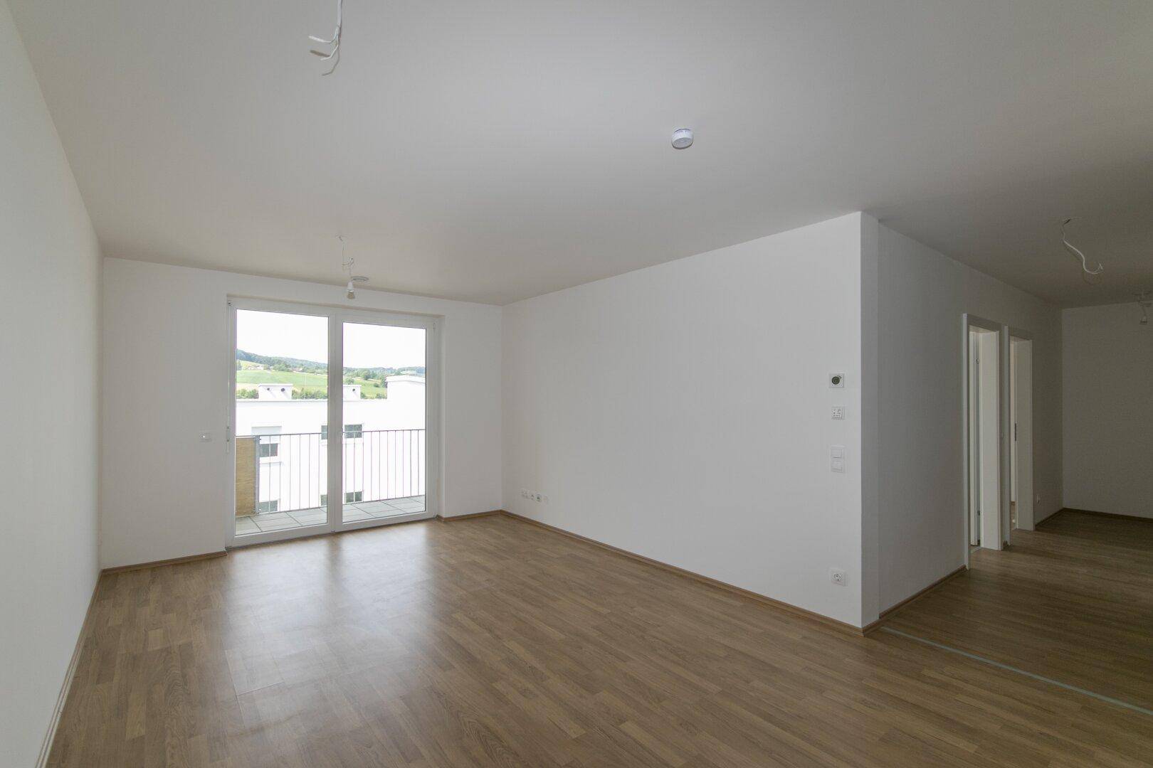 Helles, leeres Wohnzimmer mit Laminatboden und Zugang zu einem Balkon mit Weitblick.