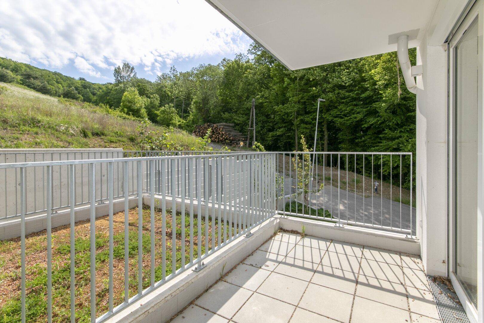 Helle Terrasse mit modernem Geländer und weitem Blick ins Grüne.