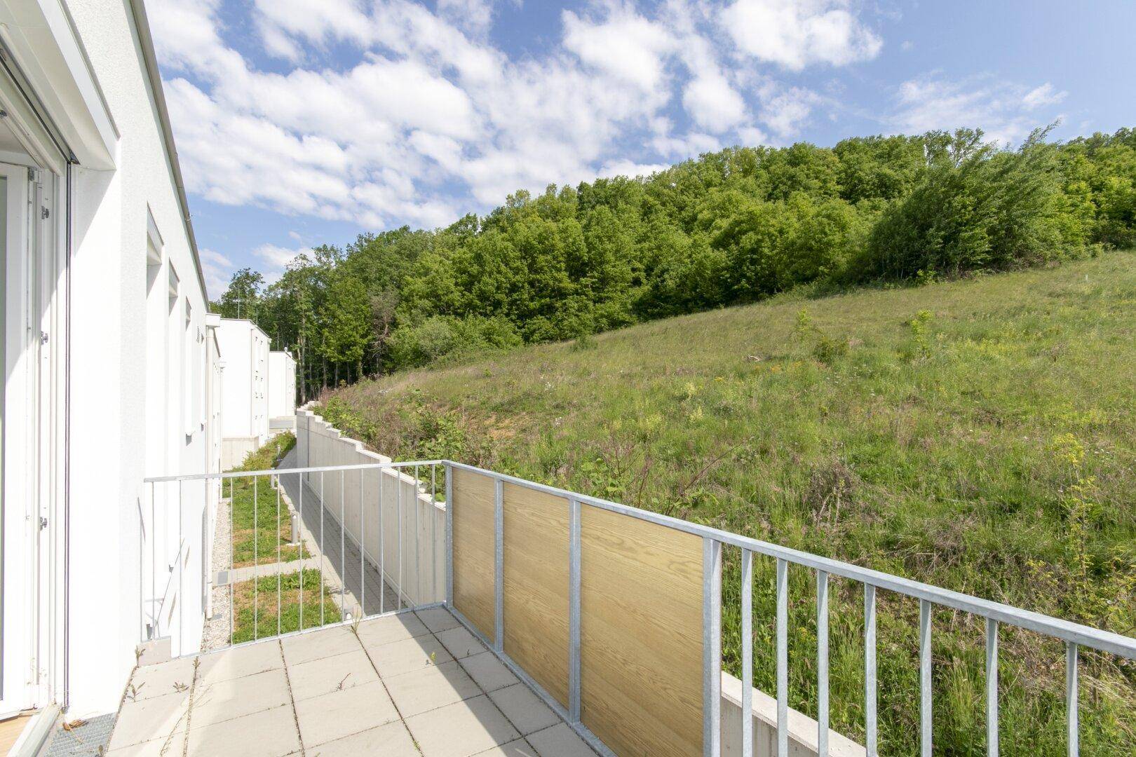 Balkon mit Blick auf die umliegende Natur und die moderne Gebäudefassade des Neubaus.