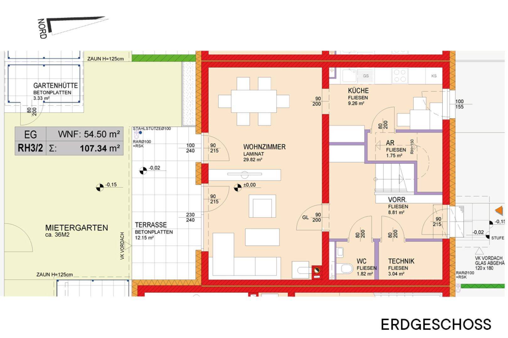 Grundriss des Erdgeschosses mit offenem Wohnbereich, Küche, Terrasse und Mietergarten.