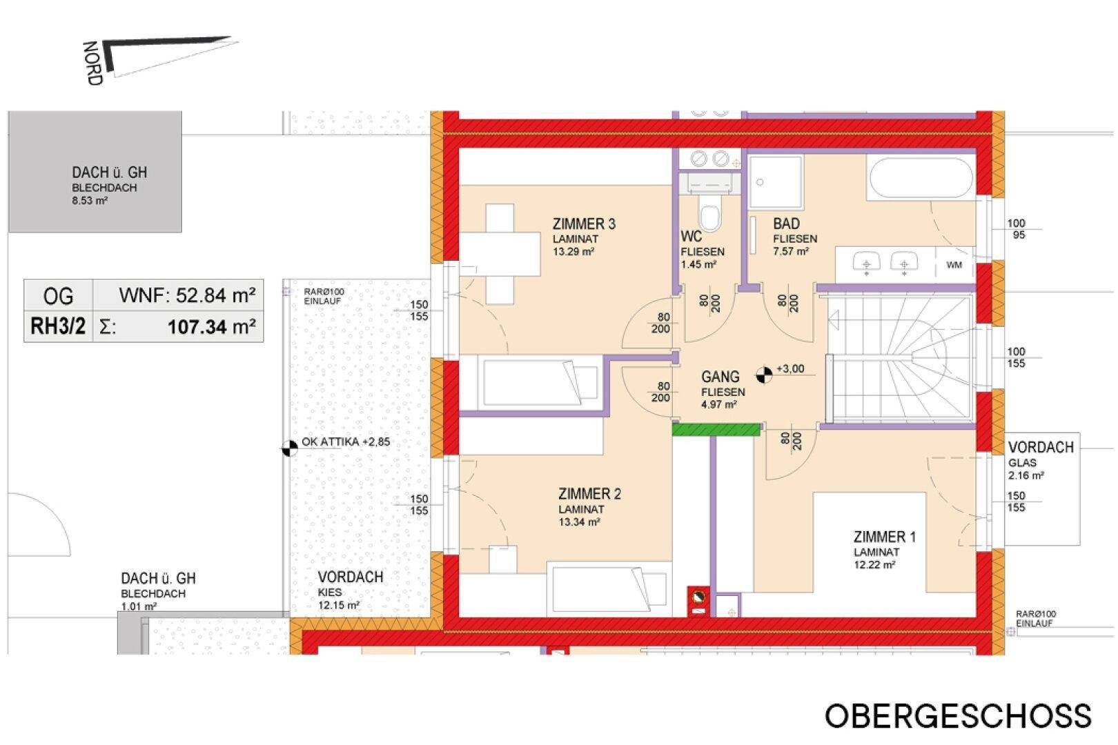 Grundriss des Obergeschosses mit drei Schlafzimmern, Bad, WC und Treppenaufgang.