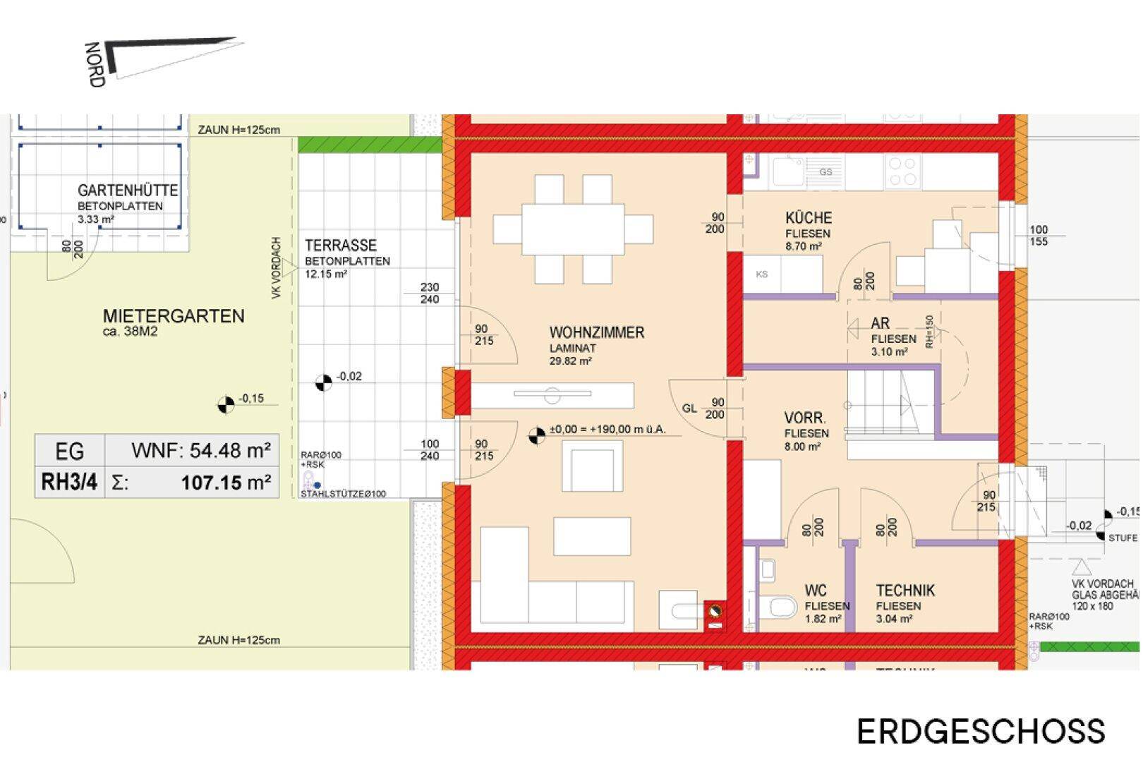 Grundriss des Erdgeschosses mit offenem Wohnzimmer, Küche, WC und Zugang zu Terrasse und Garten.