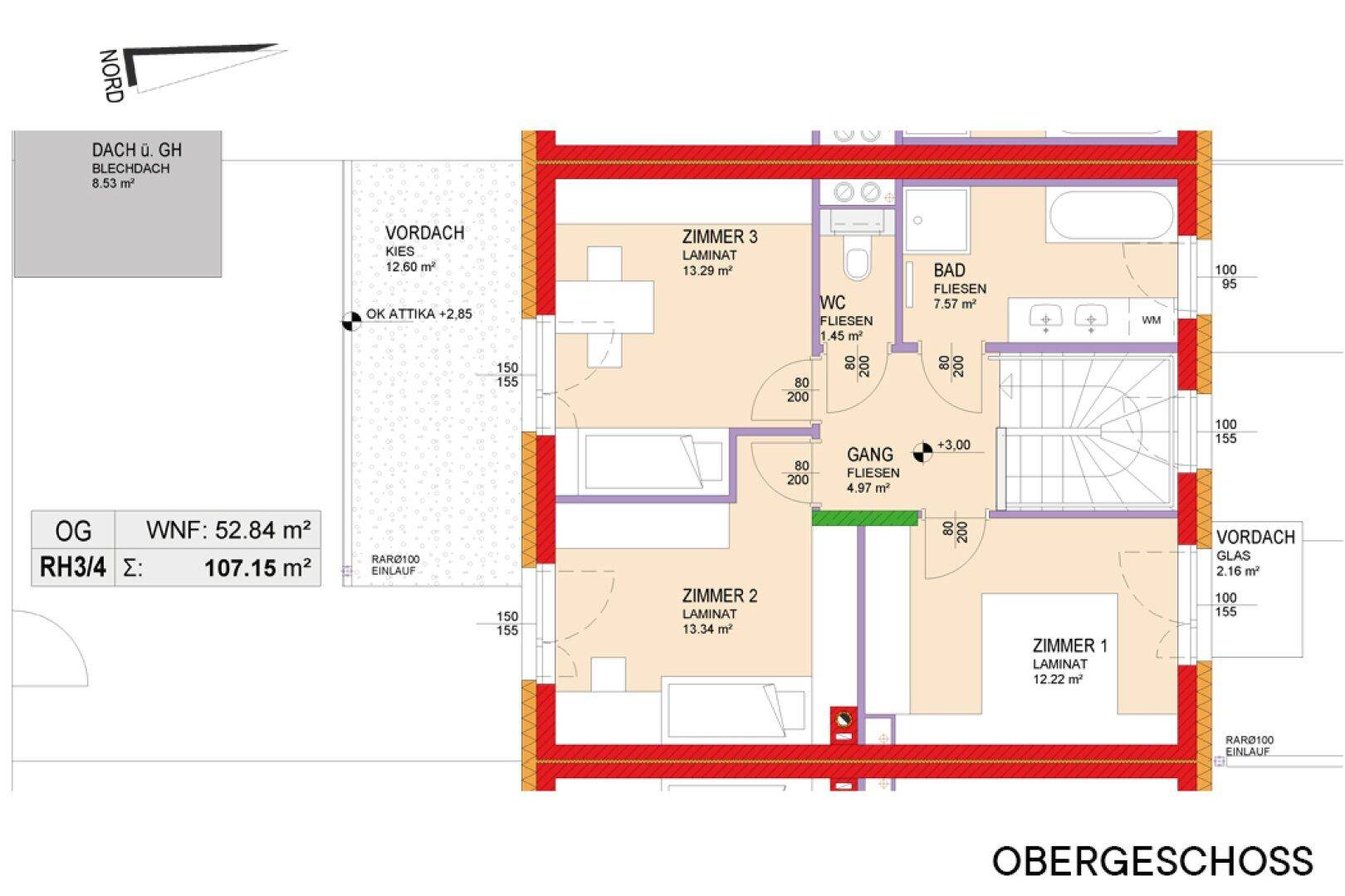Grundriss des Obergeschosses mit drei Schlafzimmern, einem Badezimmer und separatem WC.