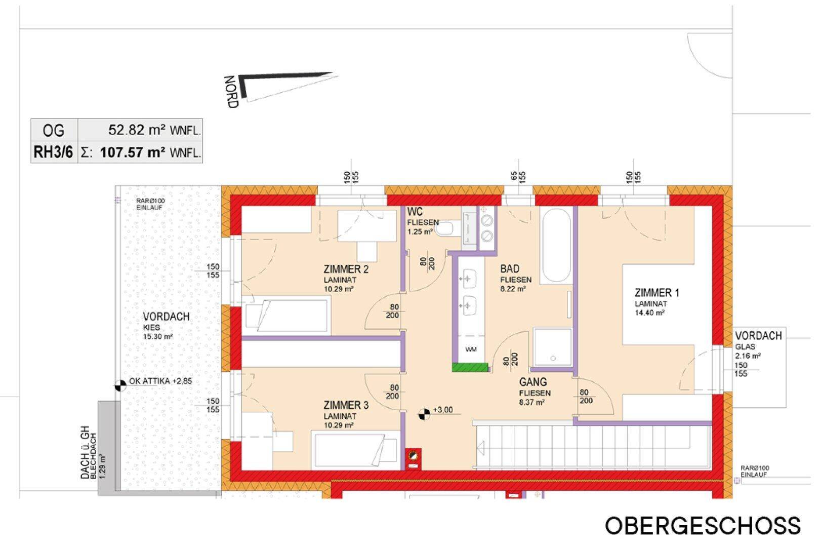 Grundriss des Obergeschosses mit drei Schlafzimmern, Bad und separatem WC.