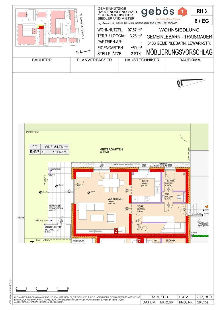 Detaillierter Grundriss des Erdgeschosses mit Möblierungsvorschlag und Flächenangaben.