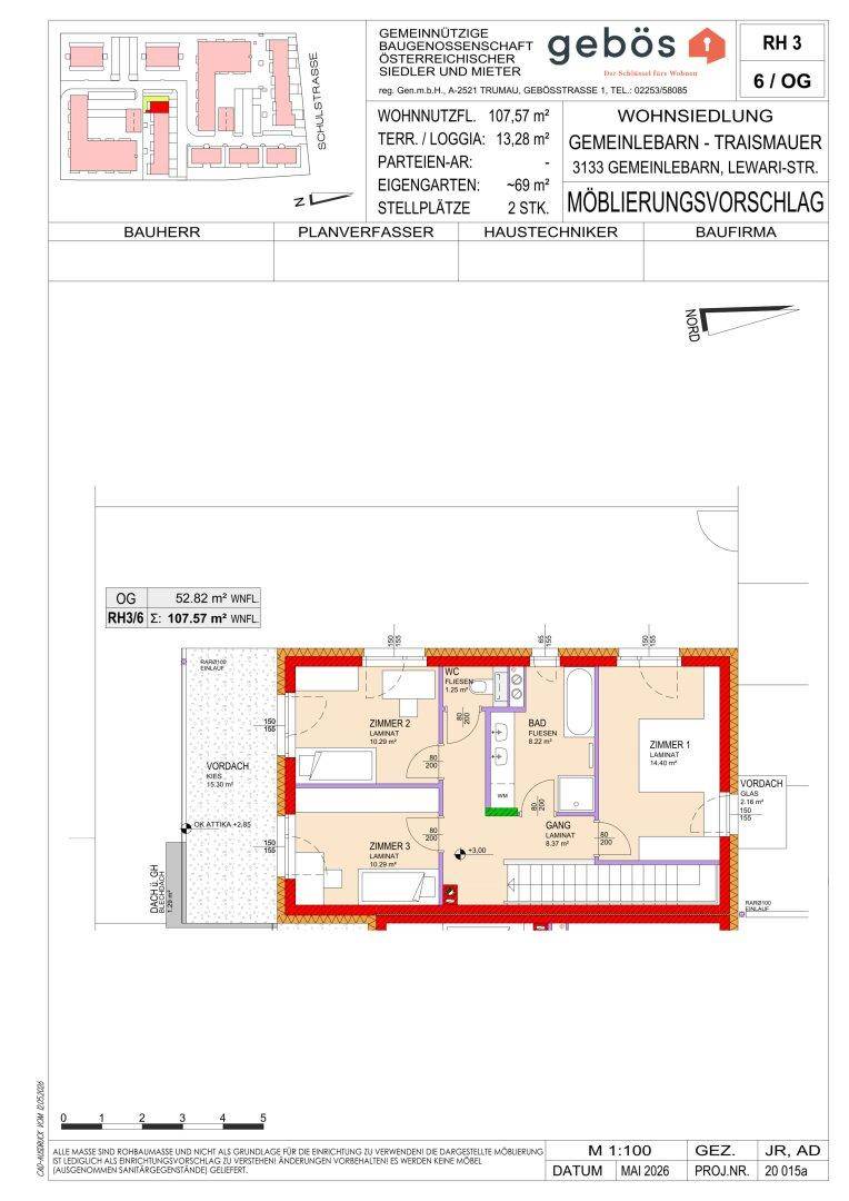 Detaillierter Grundriss des Obergeschosses mit drei Schlafzimmern, Bad und WC.