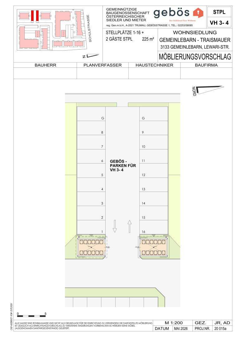 Plan der Stellplätze für die Wohnanlage mit nummerierten Parkbuchten im Freien.