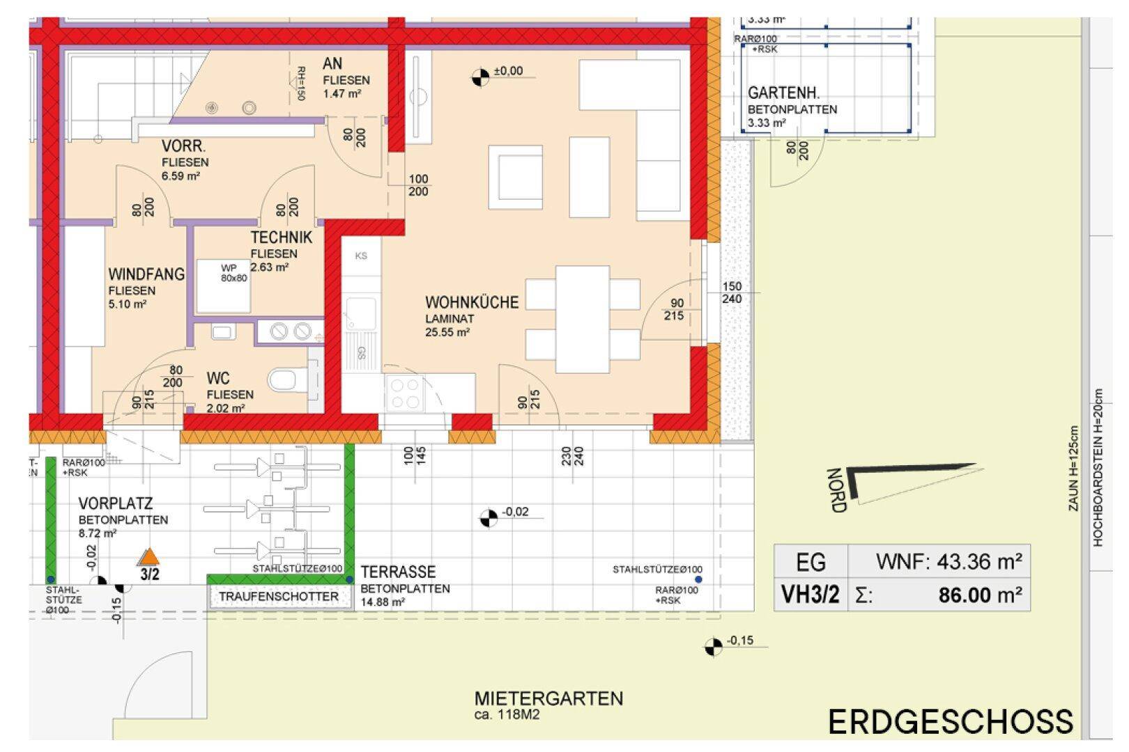 Grundriss des Erdgeschosses mit offener Wohnküche, Terrasse und privatem Mietergarten.