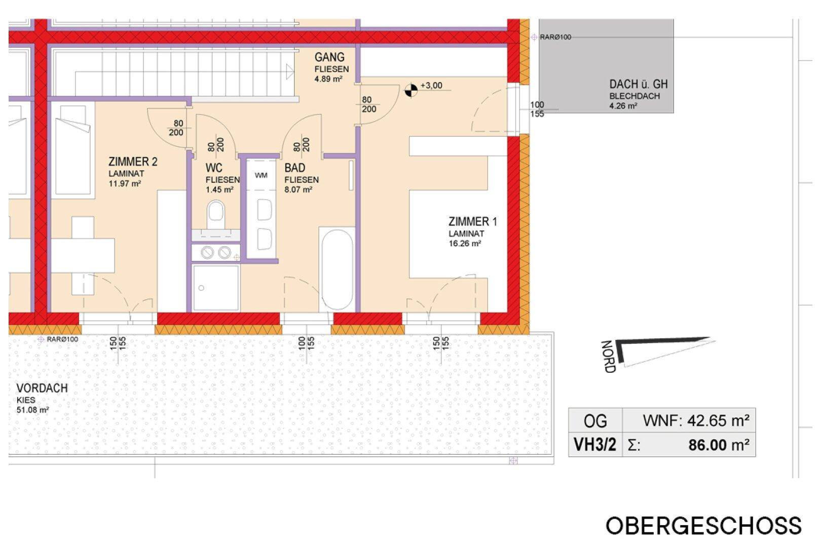 Grundriss des Obergeschosses mit zwei Schlafzimmern, einem Bad und separatem WC.