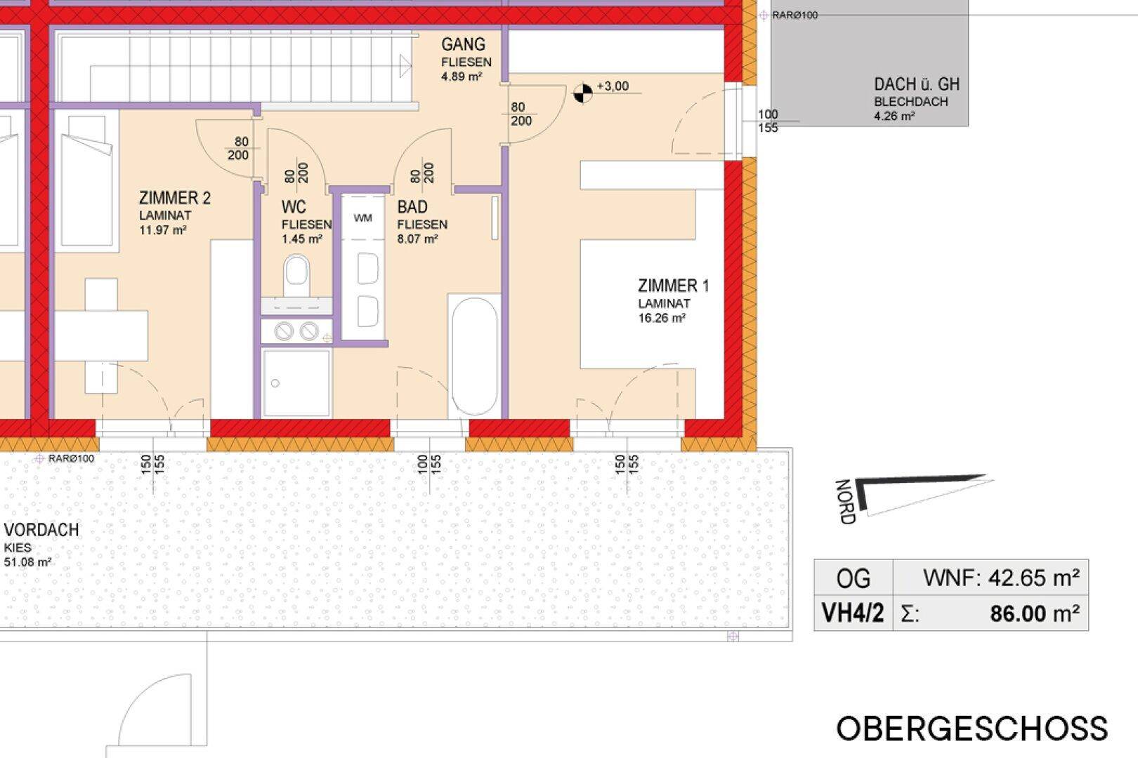 Grundriss des Obergeschosses mit zwei Schlafzimmern, Bad und separatem WC.