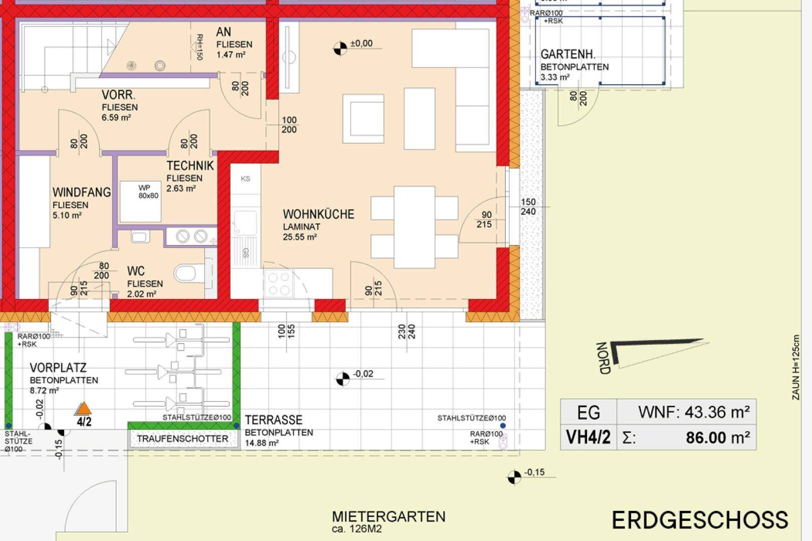 Grundriss des Erdgeschosses mit offener Wohnküche, Terrasse und Mietergarten.