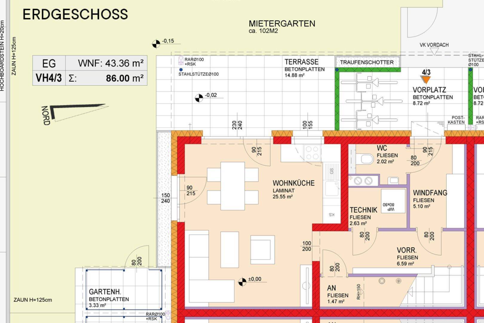 Grundriss des Erdgeschosses mit offener Wohnküche, Terrasse und Mietergarten.