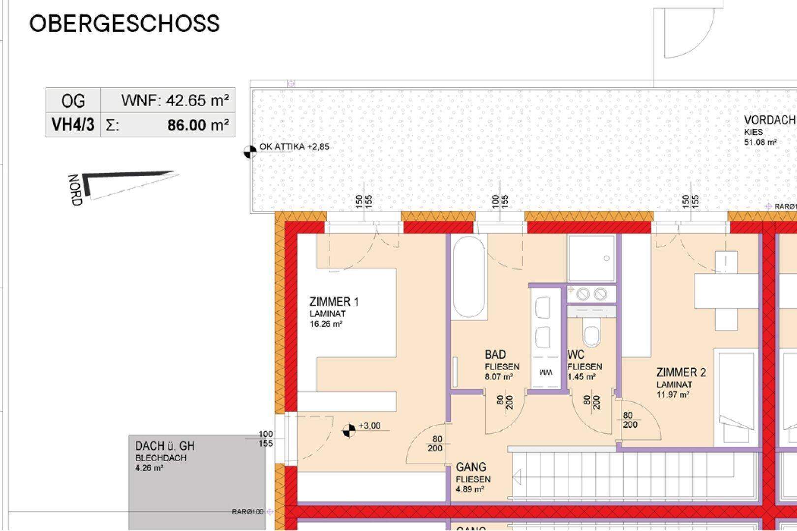 Grundriss des Obergeschosses mit zwei Schlafzimmern, Bad und separatem WC.