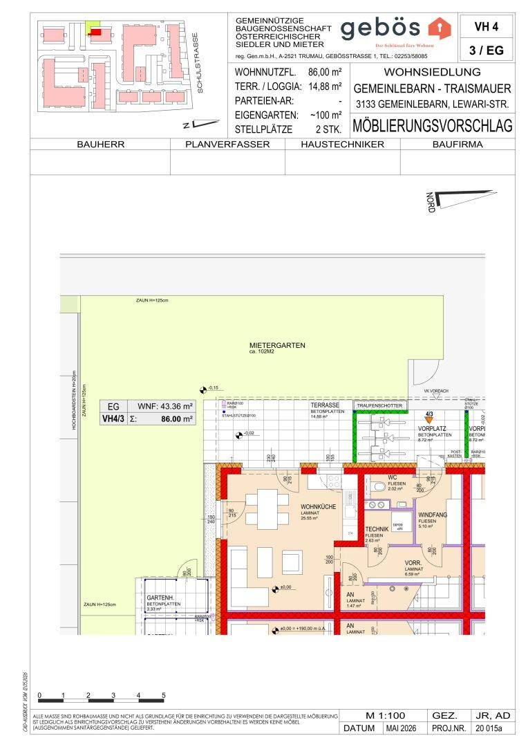 Detaillierter Grundriss des Erdgeschosses mit Wohnküche, Terrasse und privatem Gartenbereich.