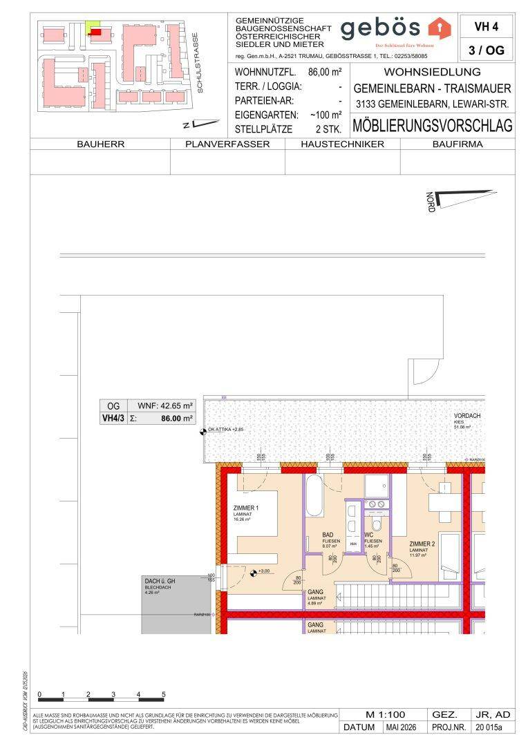 Detaillierter Grundriss des Obergeschosses mit Schlafzimmern, Badezimmer und separatem WC.