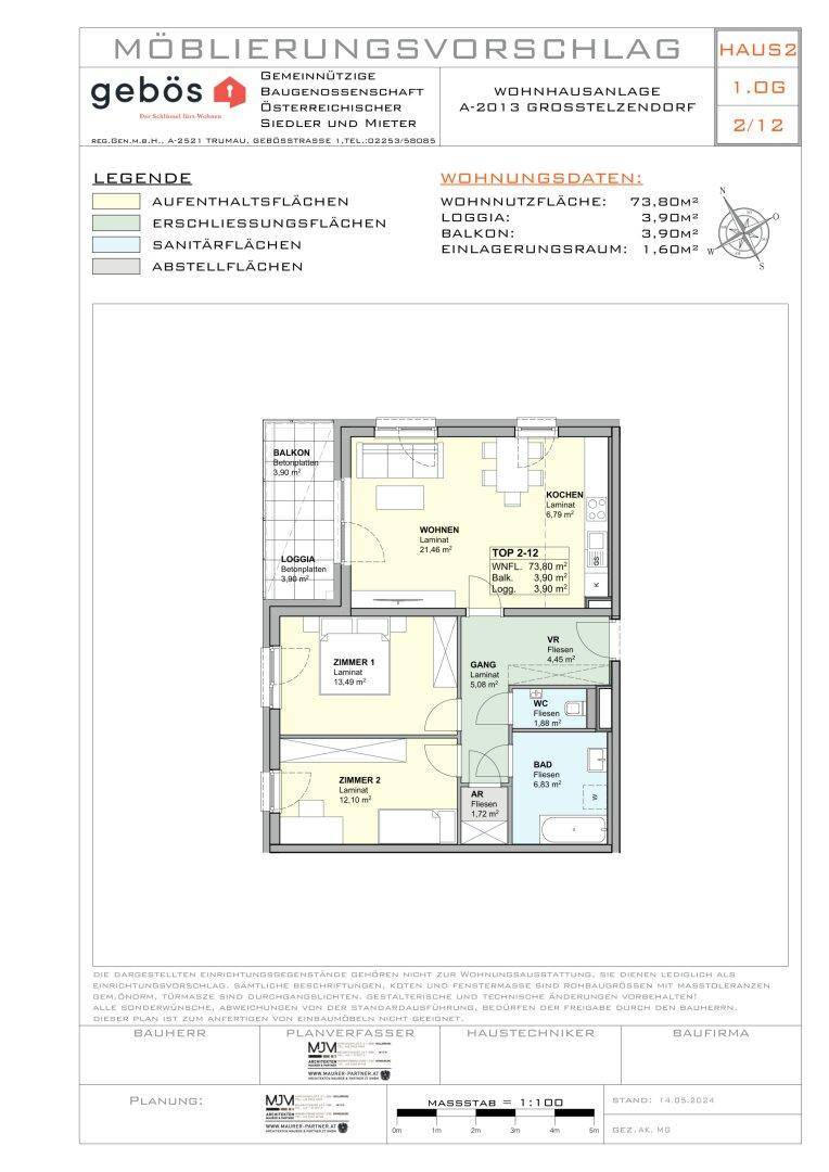 Detaillierter Grundriss einer Wohnung mit zwei Schlafzimmern, Balkon und Loggia.