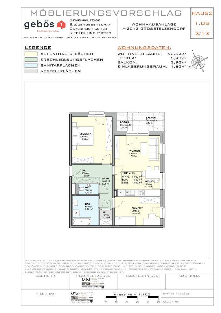 Detaillierter Grundriss mit Möblierungsvorschlag für eine Wohnung mit Loggia und Balkon.