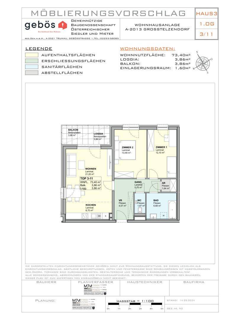 Detaillierter Grundriss einer Wohnung mit Balkon, Loggia und klarer Raumaufteilung.
