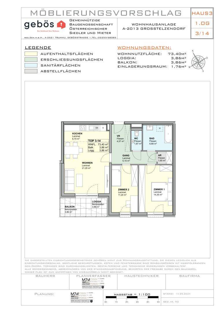 Detaillierter Grundriss einer Wohnung mit Wohn-, Schlaf- und Sanitärbereichen sowie Balkon und Loggia.