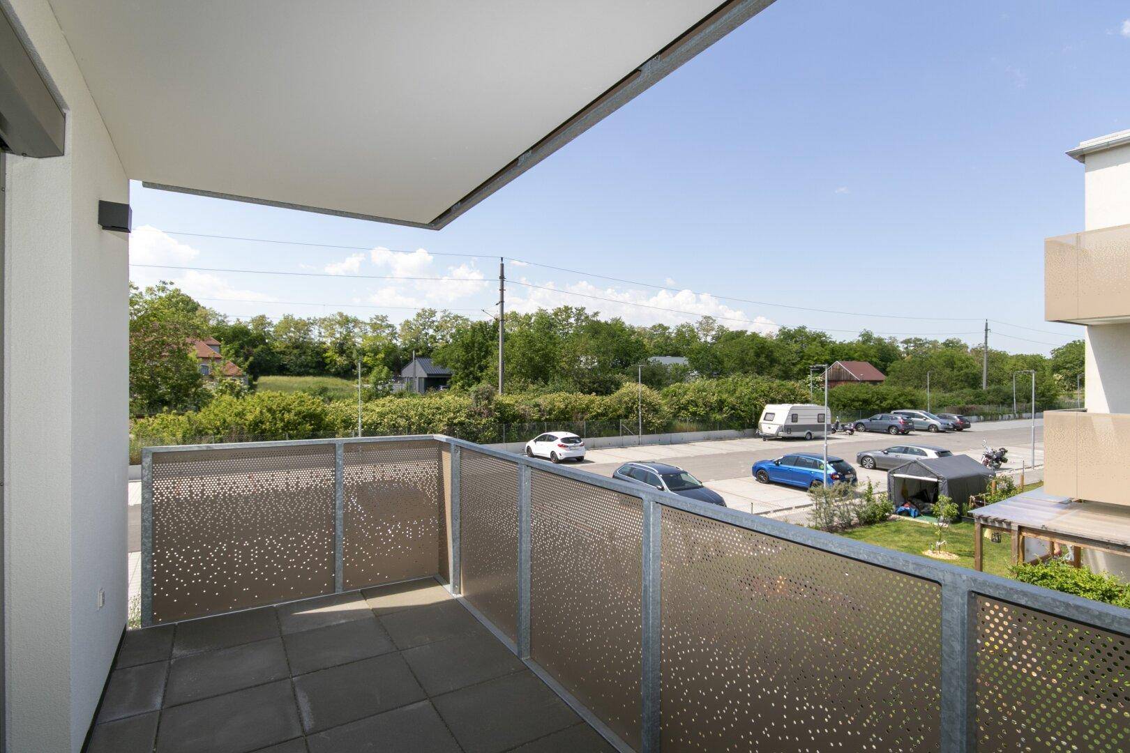 Balkon mit moderner Lochblechbrüstung und Blick auf die Straße sowie Grünflächen.
